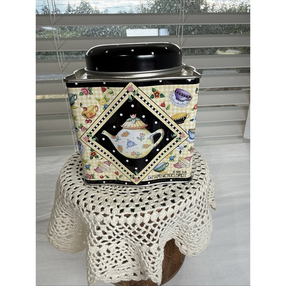 Mary Engelbreit Metal Tin Canister Lid Tea Flowers Teapot Design Vintage.